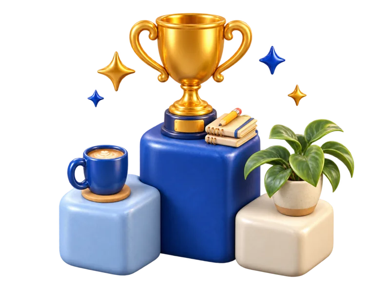 Gold trophy, coffee and a growing plant on blue and ivory podiums